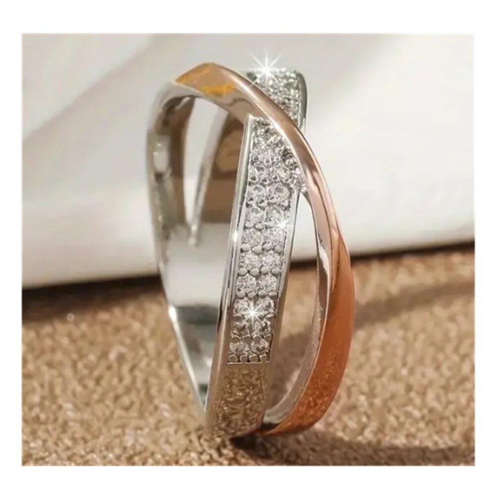 Elegant  Two Tone - Silver & Rose Gold - Criss Cross Band - Wedding or Left Band - Picture 3 of 4